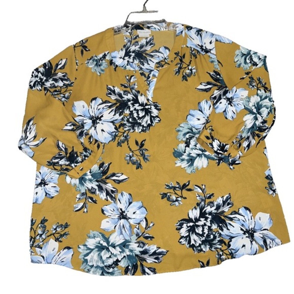 Van Heusen Top Women's Size‎ XXL Mustard Blue Floral 3/4 Sleeve Pullover Blouse - Picture 6 of 10